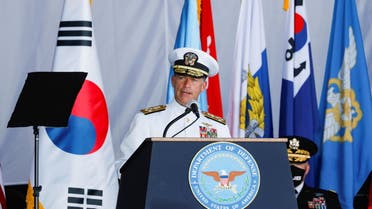 US Admiral John C. Aquilino speaks at the first joint repatriation ceremony for Korean War remains at Joint Base Pearl Harbor-Hickam near Honolulu, Hawaii, U.S. September 22, 2021. (Reuters)