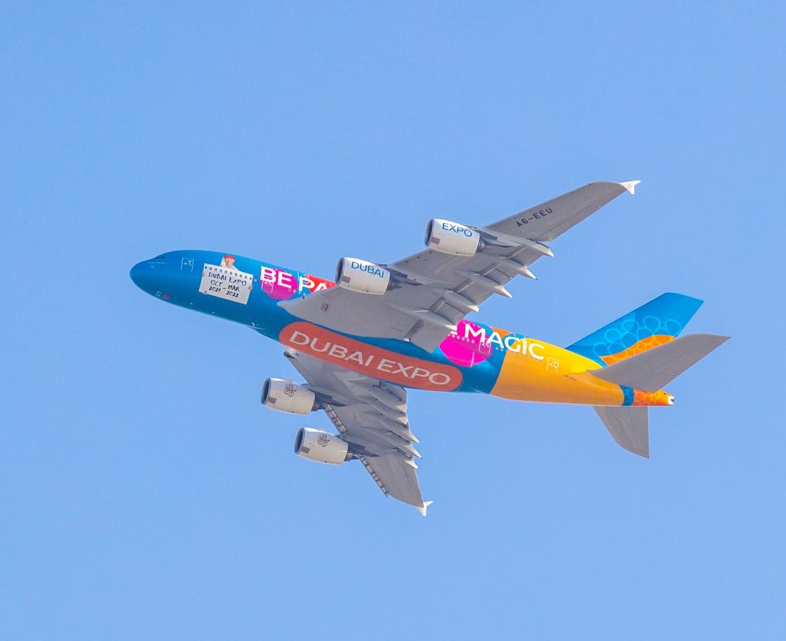 A series of stunning images captured the moment that Dubai-based carrier Emirates performed special low-altitude flights over the city’s iconic Burj Khalifa in its specially-branded Expo 2020 Dubai site plane. (Twitter)