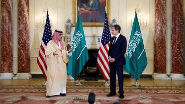 US Secretary of State Antony Blinken and Saudi Arabia's Foreign Minister Prince Faisal bin Farhan at the State Department, Oct.14, 2021. (Reuters)