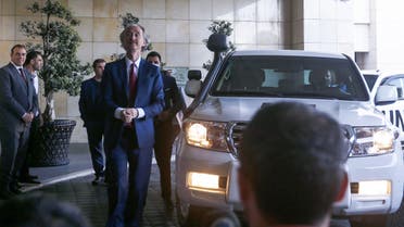 UN Special Envoy for Syria Geir Pedersen talks to reporters at his hotel in the Syrian capital Damascus, Sept. 11, 2021. (AFP)