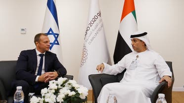 The UAE Minister of State for Entrepreneurship and SMEs Ahmad Belhoul al-Falasi meets with Israel’s Tourism Minister Yoel Razvozov at the opening of the Israeli Pavilion at Expo 2020 Dubai. (WAM)