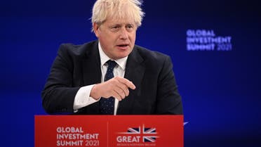Britain’s Prime Minister Boris Johnson speaks during the Global Investment Summit at the Science Museum, in London, Britain, on October 19, 2021. (Reuters) 