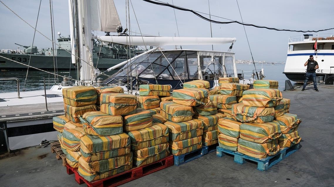 Cloth sacks of cocaine are seen during a Portuguese and Spanish police news conference presenting the 5.2 tons of cocaine seized in the Atlantic Ocean, in Almada, Portugal, on October 18, 2021. (Reuters)