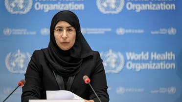 atar's Public Health Minister Hanan Mohamed Al Kuwari delivers a speech during the launch of a multiyear partnership on making FIFA Football World Cup 2022 and mega sporting events healthy and safe at the WHO headquarters, in Geneva, Switzerland, October 18, 2021. (File photo: Reuters)