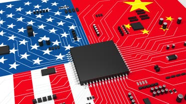 Computer circuit board and AI, competition between China and America stock photo