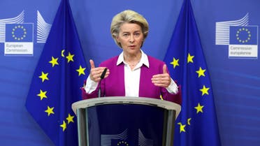 European Commission President Ursula von der Leyen gives a media statement on the Covid-19 vaccines, in Brussels, on October 18, 2021. (AFP)