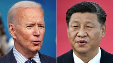 his file combination of pictures created on June 8, 2021, shows US President Joe Biden (L) speaking at the Eisenhower Executive Office Building in Washington, DC on June 2, 2021; and Chinese President Xi Jinping speaking on arrival at Macau's international airport on December 18, 2019. (AFP)