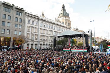 Hungarian Prime Minister Viktor Orban addresses supporters during celebration the 65th anniversary of the 1956 Hungarian revolution, in Budapest, Hungary, Saturday, on Oct. 23, 2021. (AP)