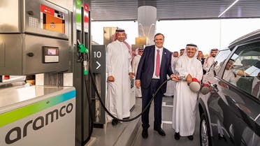 Amin Nasser, the President and CEO of Aramco, at a Saudi Aramco and TotalEnergies service station in Saudi Arabia. (SPA)