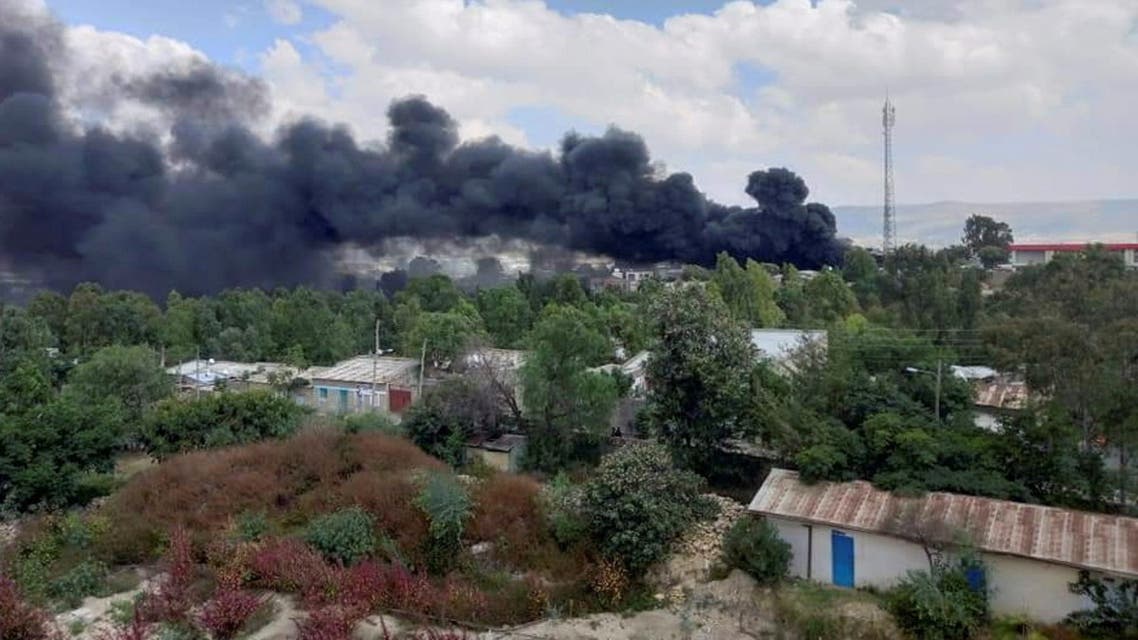 FILE PHOTO: Smoke billows from the scene of an air strike, in Mekelle, the capital of Tigray region, Ethiopia October 20, 2021. REUTERS/Stringer NO RESALES. NO ARCHIVES./File Photo