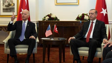 Then-US Vice President Joe Biden (L) gestures during a meeting with President Recep Tayyip Erdogan of Turkey on the sidelines of the nuclear summit in Washington, DC, on March 31, 2016. (File photo: AFP)