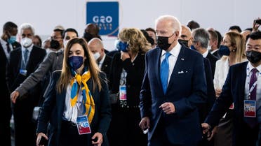 US President Joe Biden arrives for the family photo at the G20 summit at the La Nuvola in Rome, Italy, on October 30, 2021. (Reuters)
