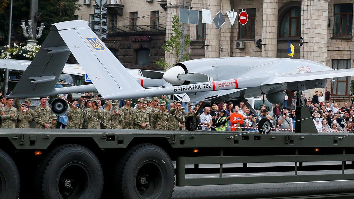 A Bayraktar drone is seen during a rehearsal for Ukraine's Independence Day military parade in central Kyiv, Ukraine August 18, 2021. (Reuters)
