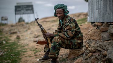 A fighter loyal to the Tigray People's Liberation Front mans a guard post on the outskirts of the town of Hawzen, then-controlled by the group, in the Tigray region of northern Ethiopia, on Friday, May 7, 2021.  (AP)