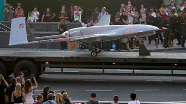 A Turkish-made Bayraktar TB2 drone is seen during a rehearsal of a military parade dedicated to Independence Day in Kyiv, Ukraine, on Aug. 20, 2021. (AP)