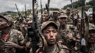 Ethiopian National Defence Forces (ENDF) soldiers shout slogans after finishing their training in the field of Dabat, 70 kilometres northeast of the city of Gondar, Ethiopia, on September 14, 2021. (Photo by Amanuel Sileshi / AFP)