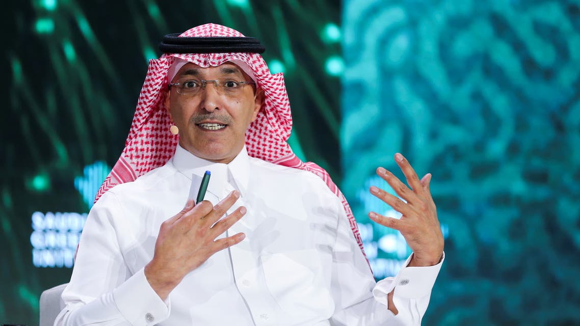Saudi Minister of Finance Mohammed al-Jadaan gestures as he speaks during the Saudi Green Initiative Forum to discuss efforts by the world's top oil exporter to tackle climate change in Riyadh, Saudi Arabia, October 23, 2021. (Reuters) الجدعان مناسبة 