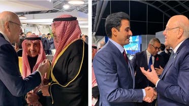 Lebanon's Prime Minister Najib Mikati meets Qatar’s Emir Sheikh Tamim bin Hamad al-Thani (R) and Kuwait’s Prime Minister Sheikh Sabah al-Khalid al-Sabah (L) on the sidelines of the UN COP26 climate summit in Glasgow. (Twitter/grandserail