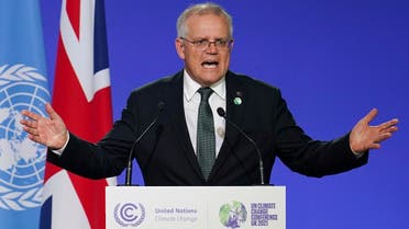  Scott Morrison, Prime Minister of Australia delivers an address, during the COP26 Summit, at the SECC in Glasgow, Scotland, on Nov. 1, 2021. (AP)