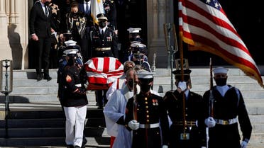 The casket of former US Secretary of State Colin Powell after his memorial service at Washington National Cathedral, Nov. 5, 2021. (Reuters)