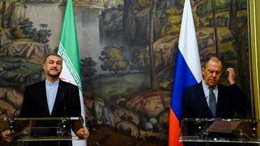 Russian Foreign Minister Sergey Lavrov, right, and Iranian Foreign Minister Hossein Amirabdollahian attend a joint news conference following their talks in Moscow, Russia, on Oct. 6, 2021. (AP)