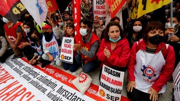 Demonstrators attend a protest in solidarity with pro-Kurdish Peoples' Democratic Party (HDP), during a protest in Istanbul, Turkey, on June 18, 2021. (Reuters)