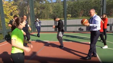 Turkish state media shared on Friday a video of President Recep Tayyip Erdogan playing basketball with a group of young men and women in Istanbul. (Twitter/ikalin1)