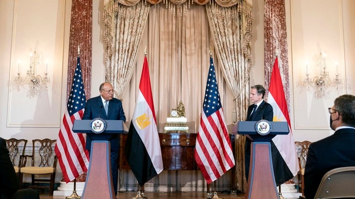 Secretary of State Antony Blinken, and Egypt’s FM Sameh Shoukry during a US-Egypt strategic dialogue at the State Department, Nov. 8, 2021. (AP)