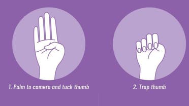 An infographic depicting a hand gesture that signals distress or domestic violence, which was popularized on TikTok. (Women's Funding Network)