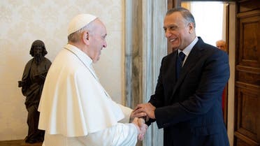 Pope Francis meets Iraqi Prime Minister Mustafa Al-Kadhimi during a private audience at the Vatican, July 2, 2021. (Vatican Media/Handout via Reuters)