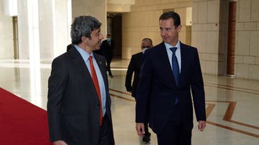 Syrian President Bashar al-Assad receives Sheikh Abdullah bin Zayed Al Nahyan, UAE Minister of Foreign Affairs and International Cooperation. (Tweet by Syrian Presidency)