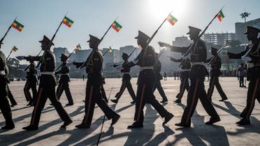 Members of a military music band march during a rally in Addis Ababa, Ethiopia, on November 7, 2021, in support of the national defense forces. (AFP)