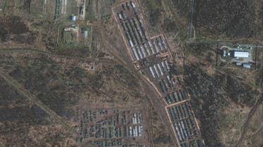 This handout satellite image released by Maxar Technologies and taken on November 1, 2021 shows a view of armored units and support equipment amid the presence of a large ground forces deployment on the northern edge of the town of Yelnya, Smolensk Oblast, Russia. (AFP)