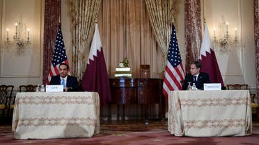 US Secretary of State Antony Blinken and Qatar's FM Sheikh Mohammed Al-Thani at the State Department, Nov. 12, 2021. (Reuters)
