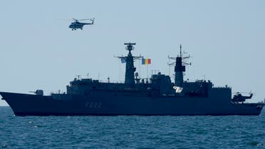 Romanian frigate Regina Maria takes part in Sea Breeze 2021 maneuvers, in the Black Sea, Friday, July 9, 2021.  (AP)