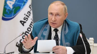 Russian President Vladimir Putin takes part in an APEC leaders' online summit via a video link in Moscow on November 12, 2021. (AFP)
