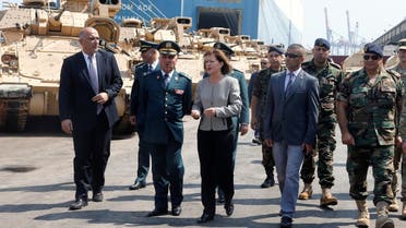 Then-US Ambassador to Lebanon Elizabeth Richard speaks in front of military vehicles handed over at Beirut's port in Lebanon, Aug. 14, 2017. (AP)