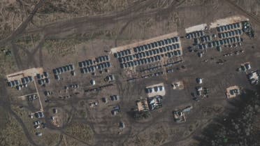 This handout satellite image released by Maxar Technologies and taken on November 1, 2021 shows troop tents and an administrative area amid the presence of a large ground forces deployment on the northern edge of the town of Yelnya, Smolensk Oblast, Russia. (AFP)
