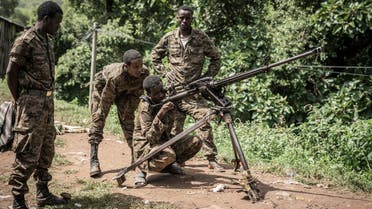 ENDF soldiers train with a Soviet heavy machine gun, in their camp at an undisclosed location in Ethiopia, Sept. 16, 2021. (AFP)