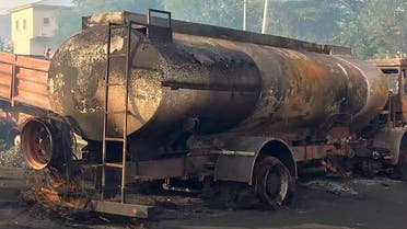 The burned fuel tanker after it was struck by a truck in the Wellington suburb of Sierra Leone’s capital Freetown Nov. 6, 2021. (AP/Seima Camara)