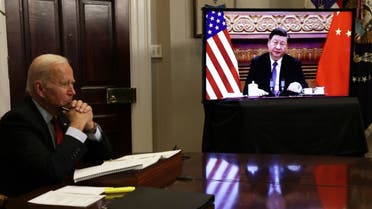  U.S. President Joe Biden participates in a virtual meeting with Chinese President Xi Jinping at the Roosevelt Room of the White House November 15, 2021 in Washington, DC. (AFP)