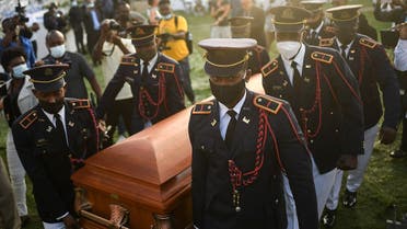 Police carry the coffin of slain Haitian President Jovenel Moise at the start of the funeral at his family home in Cap-Haitien, Haiti, July 23, 2021. (AP/Matias Delacroix)