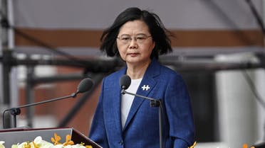 In this file photo taken on October 09, 2021 Taiwan's President Tsai Ing-wen speaks during national day celebrations in front of the Presidential Palace in Taipei. (AFP)