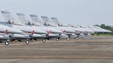 Newly commissioned upgraded F-16V fighter jets are seen at Air Force base in Chiayi in southwestern Taiwan Thursday, Nov. 18, 2021. Taiwan has deployed the most advanced version of the F-16 fighter jet in its Air Force, as the island steps up its defense capabilities in the face of continuing threats from China. (AP Photo/Johnson Lai)
