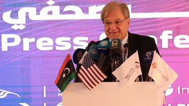 US Ambassador to Libya Richard Norland speaks after the US Infinera and Hatif Libya companies signed an agreement to develop the national network of communication in Libya's capital Tripoli on July 26, 2021. (Photo by Mahmud TURKIA / AFP)