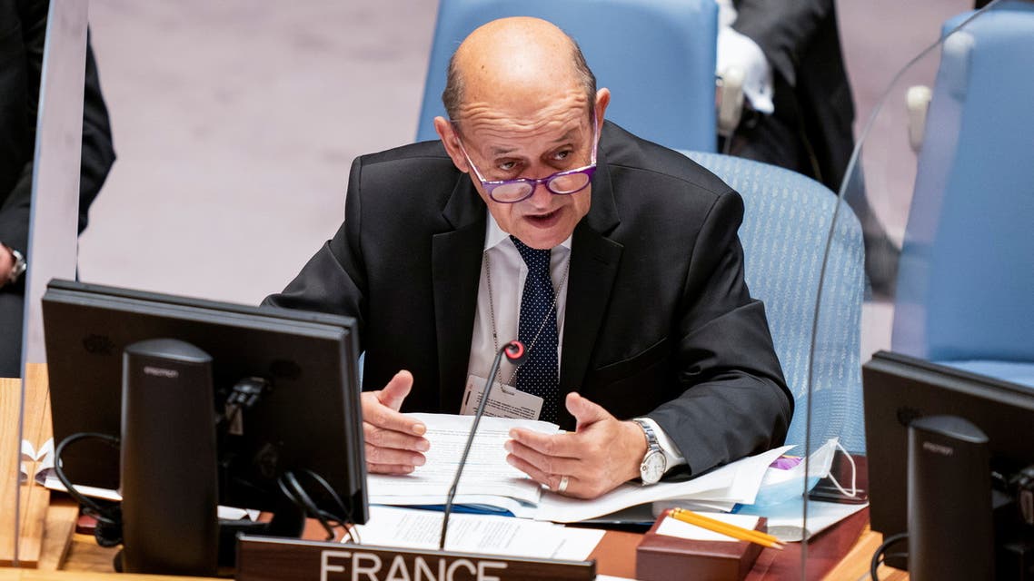 French Foreign Minister Jean-Yves Le Drian speaks during a meeting of the United Nations Security Council, Sept. 23, 2021. (Reuters)