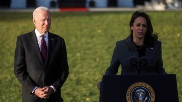 President Biden looks on as VP Harris speaks at the ceremony where the president signed the “Infrastructure Investment and Jobs Act,” on the South Lawn at the White House in Washington, US, November 15, 2021. (Reuters)