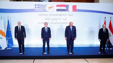 French FM Jean-Yves Le Drian, Greek FM Nikos Dendias, Cypriot FM Nikos Christodoulides, and Egyptian FM Sameh Shoukry in Athens, Nov. 19, 2021. (Reuters)