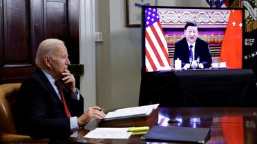 US President Joe Biden speaks virtually with Chinese leader Xi Jinping from the White House on Nov. 15, 2021. (Reuters)