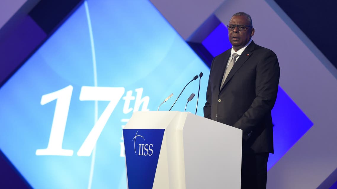 Lloyd Austin, US Secretary of Defence speaks during the 17th International Institute for Strategic Studies (IISS) Manama Dialogue in the Bahraini capital Manama, on November 20, 2021. The three-day long Manama security conference is set to discuss pressing security challenges in the Middle East with over 300 participating senior government officials from 40 countries, including the US, Europe, the Middle East, Africa, and Asia. (Photo by Mazen MAHDI / AFP)  about 1 hour ago bahrain - politics - gulf - security  about 1 hour ago bahrain - politics - gulf - security  about 1 hour ago bahrain - politics - gulf - security